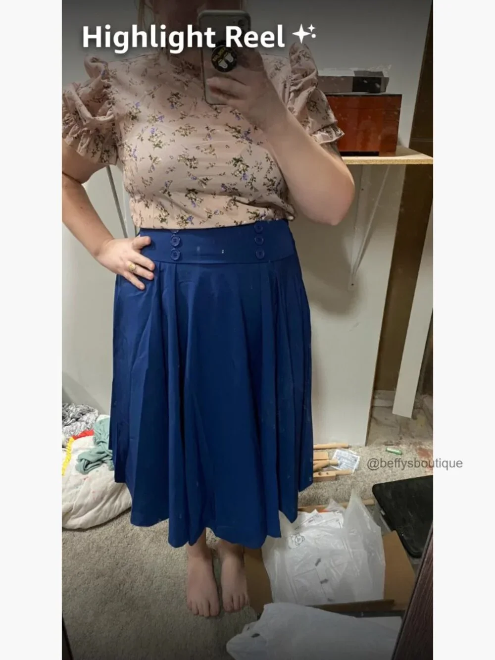 Vintage High Waist Pleated Midi A-Line Skirt with Pockets - Picture 7 of 7